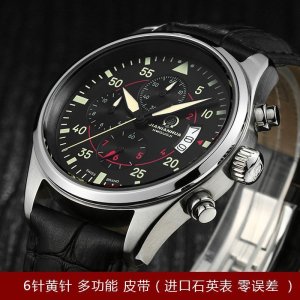 瑞士嘉年华CARNIVAL手表新石英表 男士飞行员系列夜光计时码表时尚6针多功能防水精钢运动男表真皮腕表8592B-6针