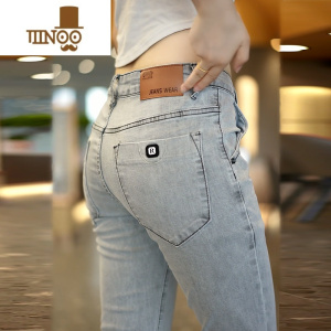 YANXU高端牛仔裤男款男装修身小脚弹力百搭休闲灰白色长裤子春潮