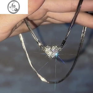 JiMi高级感镶钻心形磁吸爱心吊坠项链女夏小众设计百搭气质锁骨链颈链 不规则心形项链银色