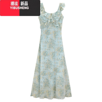 YIBUSHENG设计感V领碎花连衣裙季韩系甜美新款收腰显瘦荷叶边长裙女chic