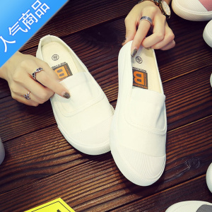 SUNTEK小白鞋春季2023新款拖鞋无后跟平底懒人鞋女半拖一脚蹬女鞋帆布鞋