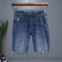 夏季新款男士牛仔短裤合身简约印花潮牌薄款透气通勤刺绣五分裤