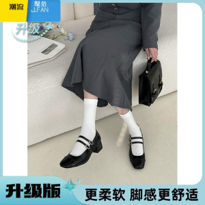 聚范银色方头法式复古粗跟小皮鞋女2024年夏季浅口时尚百搭玛丽珍单鞋