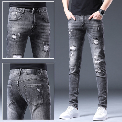 高端破洞牛仔裤男士新款潮牌乞丐裤春秋季修身小脚长裤子男款