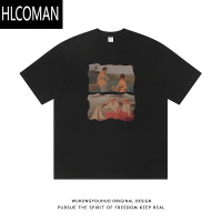 HLCOMAN复古日系简约印花圆领短袖T恤男女潮牌宽松情侣百搭体恤
