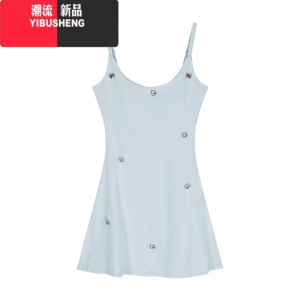 YIBUSHENG重工镶钻蓝色吊带连衣裙女装季小个子辣妹短裙显瘦收腰a字裙子