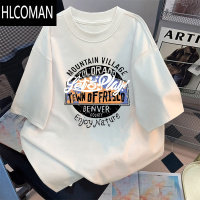 HLCOMAN秋季新款短袖T恤男女同款上衣简约百搭印花宽松圆领打底衫