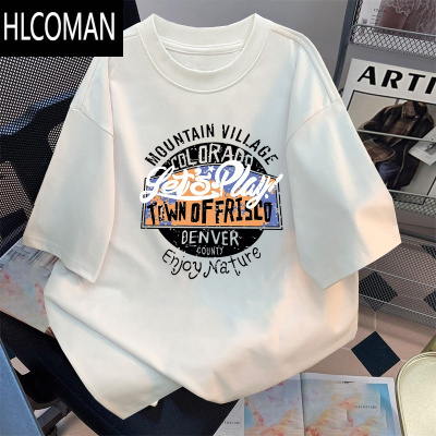HLCOMAN秋季新款短袖T恤男女同款上衣简约百搭印花宽松圆领打底衫