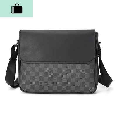 新款男士单肩包时尚皮质潮流户外斜跨包商务休闲格子公文包男包NEW LAKE 黑色格子男士手提包