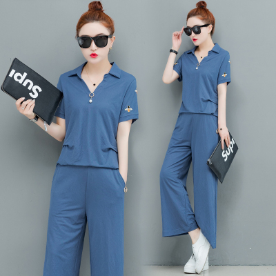 侠古晟语休闲妈妈减龄套装女2020夏季洋气宽松短袖阔腿九分裤运动服两件套