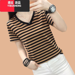 YIBUSHENG2024装新款V领短袖t恤女宽松上衣服中年妈妈半袖条纹小衫