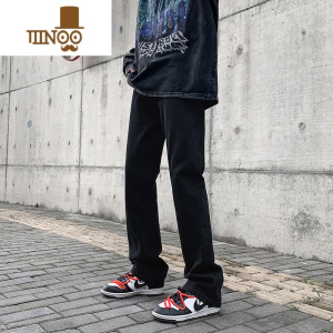 YANXU微喇牛仔长裤男修身直筒款美式拖地裤欧美高街vibe黑色裤子男