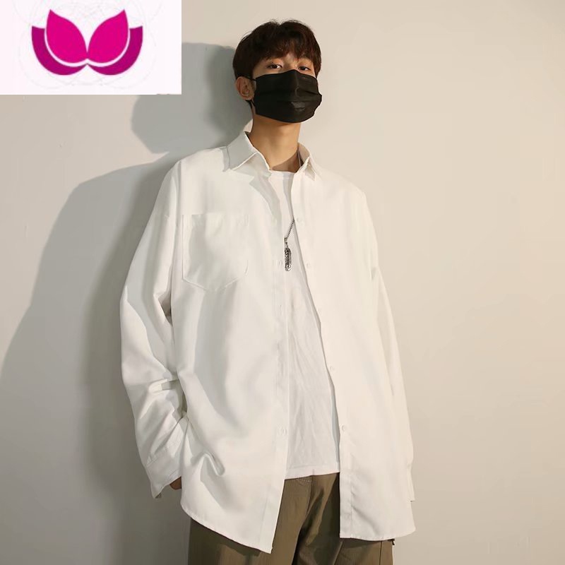 七斓黑衬衫男潮宽松长袖原宿港风ins休闲白衬衣百搭免烫寸衫外套