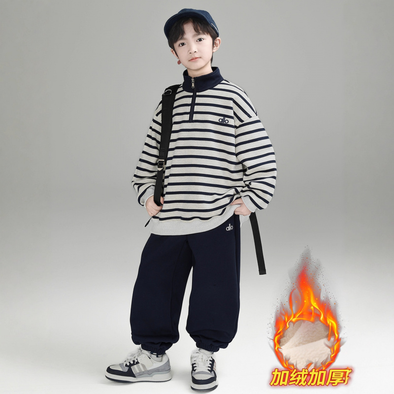 男童冬装加绒加厚条纹卫衣套装新款大儿童装秋冬季痞帅男孩潮