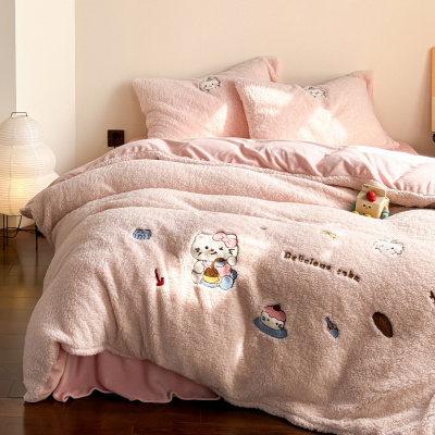 超暖加厚羊羔绒四件套卡通刺绣珊瑚绒被套牛奶绒床单床笠床上用品