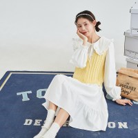 唐狮春季新款娃娃领连衣裙中长款衬衫裙早春马甲甜美