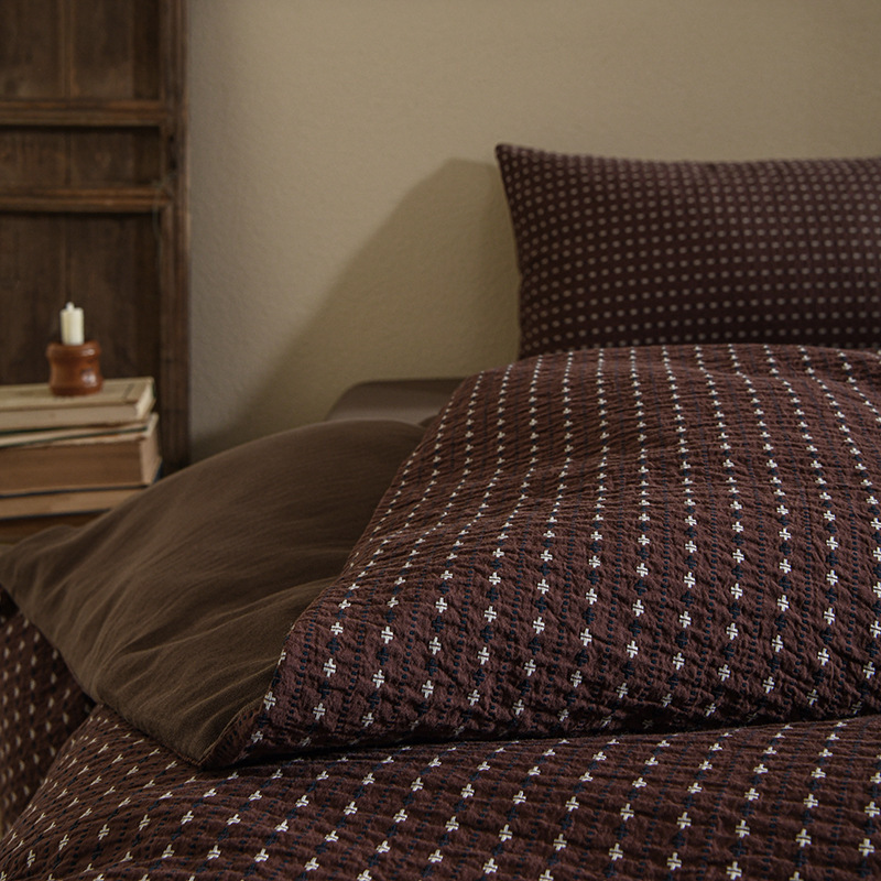 四季款全棉色织提花四件套复古文艺旧风纯棉暗红色床单床上用品