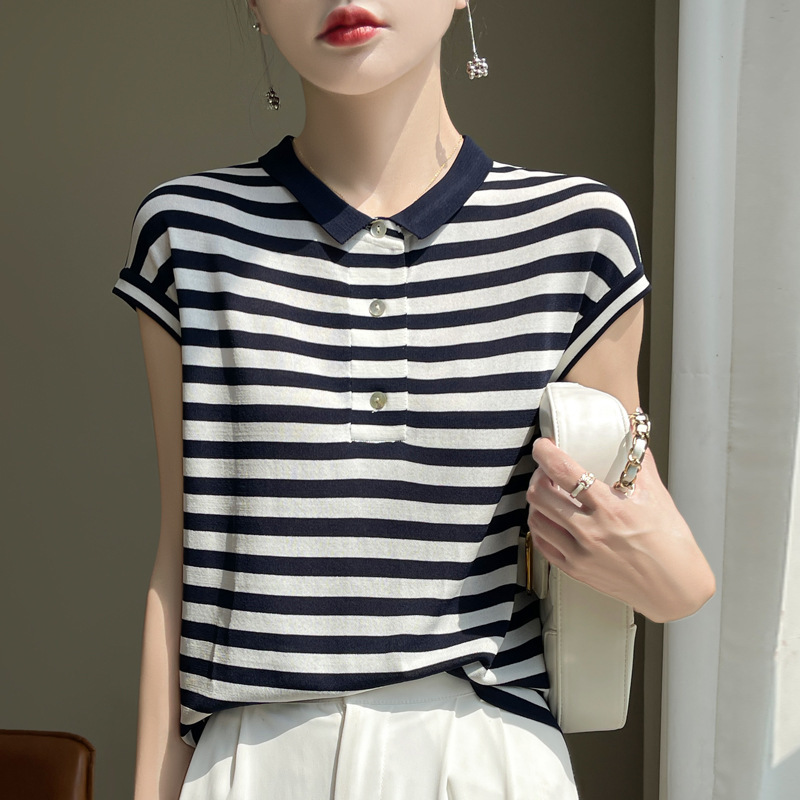 夏季新款曲珠条纹短袖T恤衫女气质POLO领针织衫上衣百搭宽松