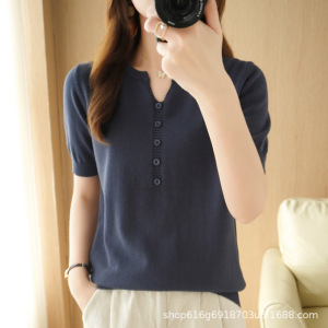 夏薄新款纯色线短袖针织T恤衫女V领套头宽松半袖背心上衣棉线T恤