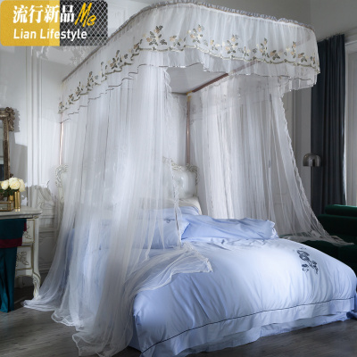 轻奢刺绣U型导轨蚊帐轨道落地卧室家用支架1.5米床幔1.8m欧式纹帐 三维工匠