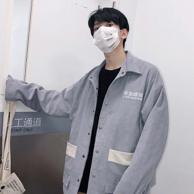 梵克公牛春秋新款夹克男韩版潮流接拼口袋休闲上衣宽松帅气百搭灯芯绒外套 灰色