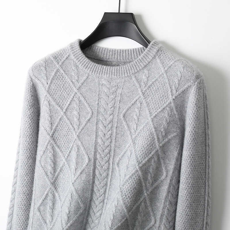 男士秋冬新款纯羊毛衫宽松圆领三股加厚套头毛衣休闲商务针织打底