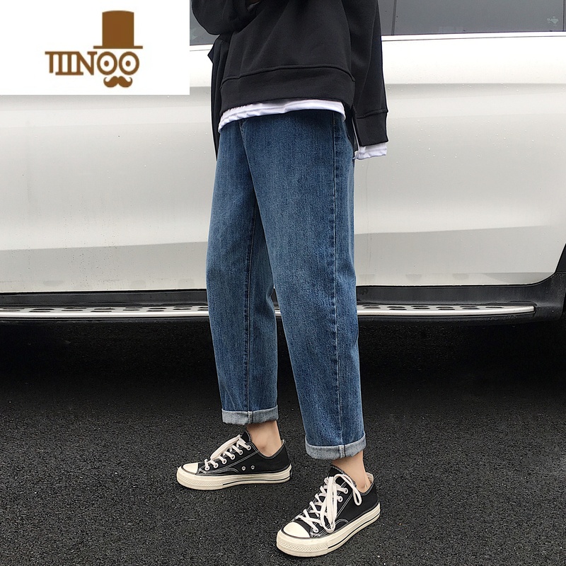 YANXU牛仔裤男款2023新款潮牌小脚裤子直筒九分裤秋季男士休闲长裤