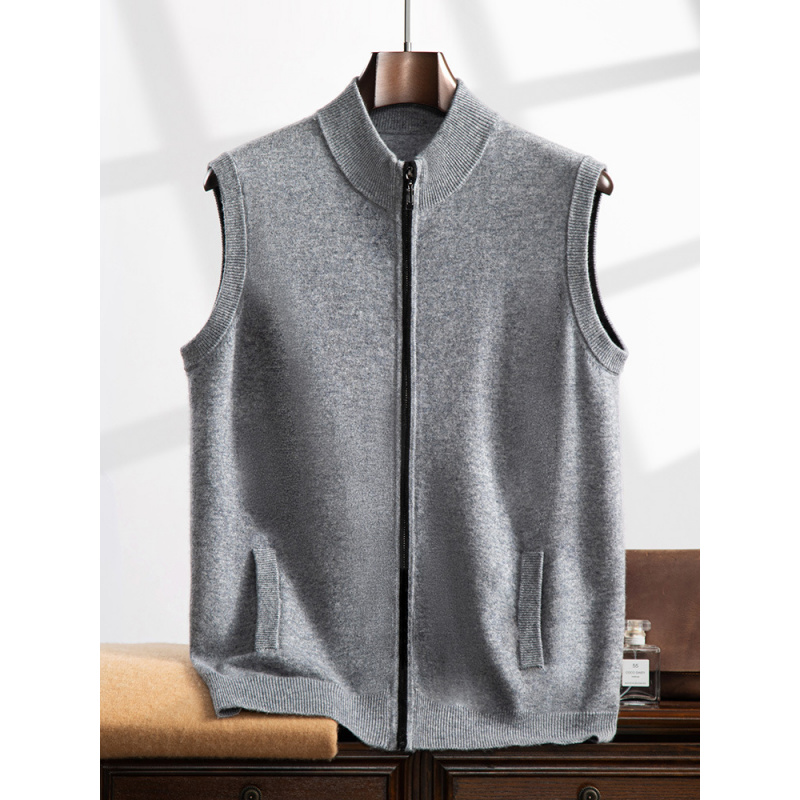 无袖羊绒衫秋冬新款男立领背心商务休闲简约拉链开衫带兜马甲