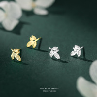 日韩森系树叶耳钉女s999纯银百搭时尚养耳洞简约足银叶子耳饰代发送女朋友老婆情人节七夕生日礼物