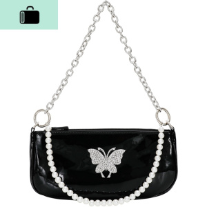 蝴蝶包2020新款潮牌复古感链条水钻蝴蝶腋下包漆皮法棍包NEW LAKE 黑色女士单肩包 黑色现货