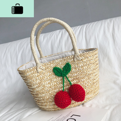手提编包小巧可爱樱桃麦编织包休闲手提沙滩包旅游度假女包夏NEW LAKE 米白色女士单肩包