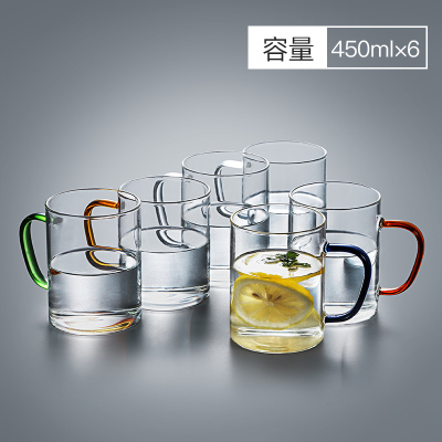 家柏饰(CORATED)家用简约玻璃杯带把手大容量透明耐热客厅喝水杯牛奶泡茶杯子套装 简约杯450ML(6只混色装)