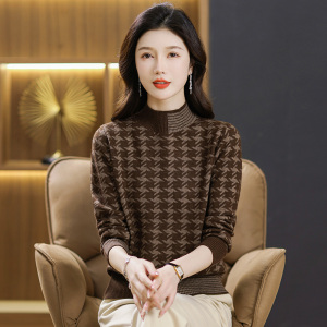 2024春秋新款半高领双股羊绒衫女半高领100%纯山羊绒毛衣印花针织衫宽松慵懒毛衣套头女装上衣针织打底衫加厚外搭毛衣女