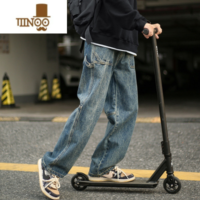 YANXU水洗做旧男士直筒牛仔裤运动轻薄透气男生美式复古休闲裤子