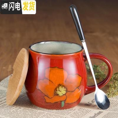 三维工匠创意马克杯带盖勺大容量麦片杯咖啡杯复古陶瓷杯子早餐杯水杯茶杯