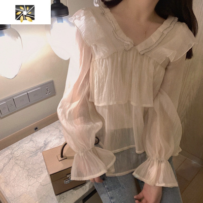 暖青汇春夏女装学生甜美超仙气质内搭V领雪纺衬衫打底小衫很仙的上衣T恤蕾丝衫