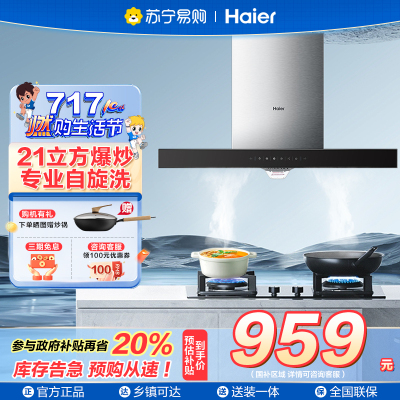 海尔(Haier)抽油烟机21大吸力 420pa大风压 高频自旋洗 挥手控制 欧式吸油烟机E900T11