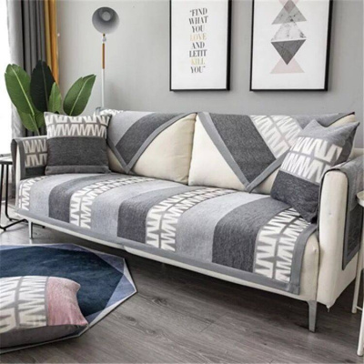 家柏饰(CORATED)沙发垫 四季通用防滑沙发巾盖布北欧简约加厚 沙发套全包套罩 雪尼尔灰白字母 90*210cm