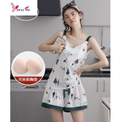 睡衣女夏季薄款棉甜美带胸垫背心短裤两件套家居服FISHBASKET