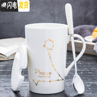 三维工匠创意陶瓷马克杯男女情侣家用喝水杯子个性潮流牛奶咖啡茶杯带盖勺 双鱼座-白金款咖啡器具