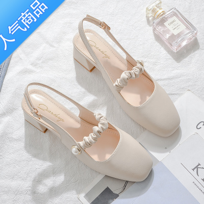 SUNTEK包头凉鞋女夏外穿2023年新款仙女风设计感粗跟懒人鞋半拖单鞋