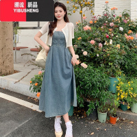 YIBUSHENG大码女装梨型身材牛仔连衣裙胖MM高腰遮肚显瘦裙子短袖开衫两件套