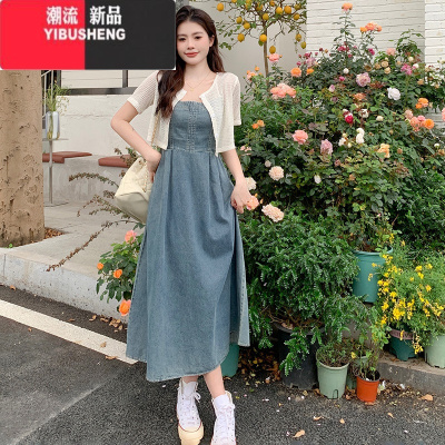 YIBUSHENG大码女装梨型身材牛仔连衣裙胖MM高腰遮肚显瘦裙子短袖开衫两件套