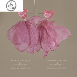 JiMi夏日度假风 甜美粉色爱心雪纺耳环法式超仙花瓣耳钉小众设计耳饰 粉色爱心雪纺耳环925银针