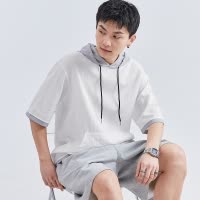 [1.5折价52元]唐狮夏季新款半袖卫衣男士青少短袖连帽t恤白色宽松上衣潮