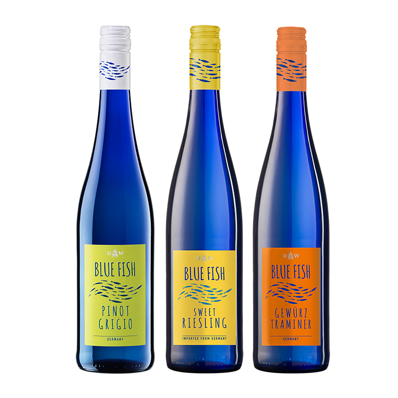 爱克维进口法尔兹产区BLUE FISH蓝鱼白葡萄酒三支组合装:3种口感灰皮诺干白+雷司令甜白+琼瑶浆半甜白葡萄酒