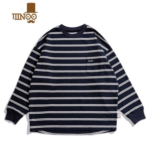YANXU日系潮牌春款T恤男生CityBoy条纹廓形长袖男复古宽松休闲时尚百搭