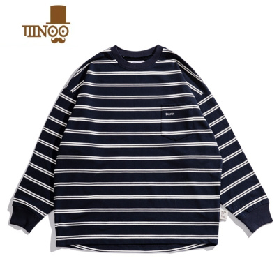 YANXU日系潮牌春款T恤男生CityBoy条纹廓形长袖男复古宽松休闲时尚百搭