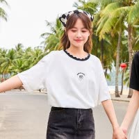 [2.5折价61元]功夫熊猫联名唐狮短袖女t恤夏季新款花边领撞色上衣甜美sz