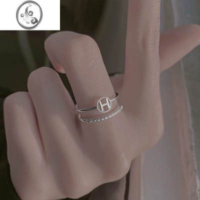 JiMi925银银H双层戒指女简约个性轻奢ins冷淡风小众设计感食指戒可调